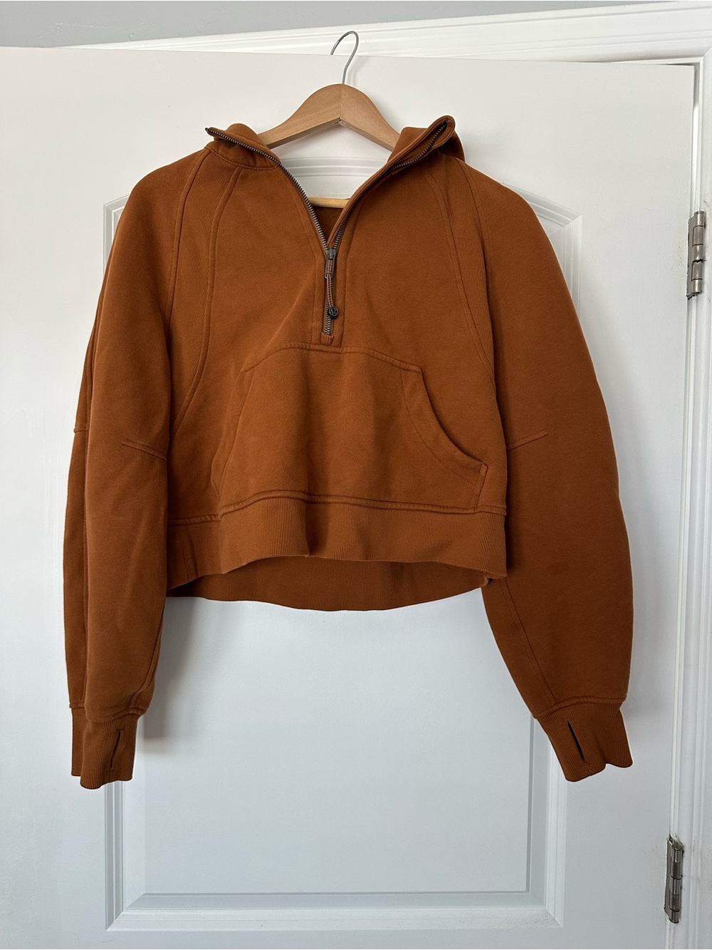 Lululemon Cropped Half-Zip Scuba Hoodie in a Rust Color